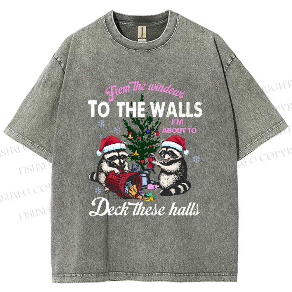 Unisex Raccoons Christmas Printed Washed Tee