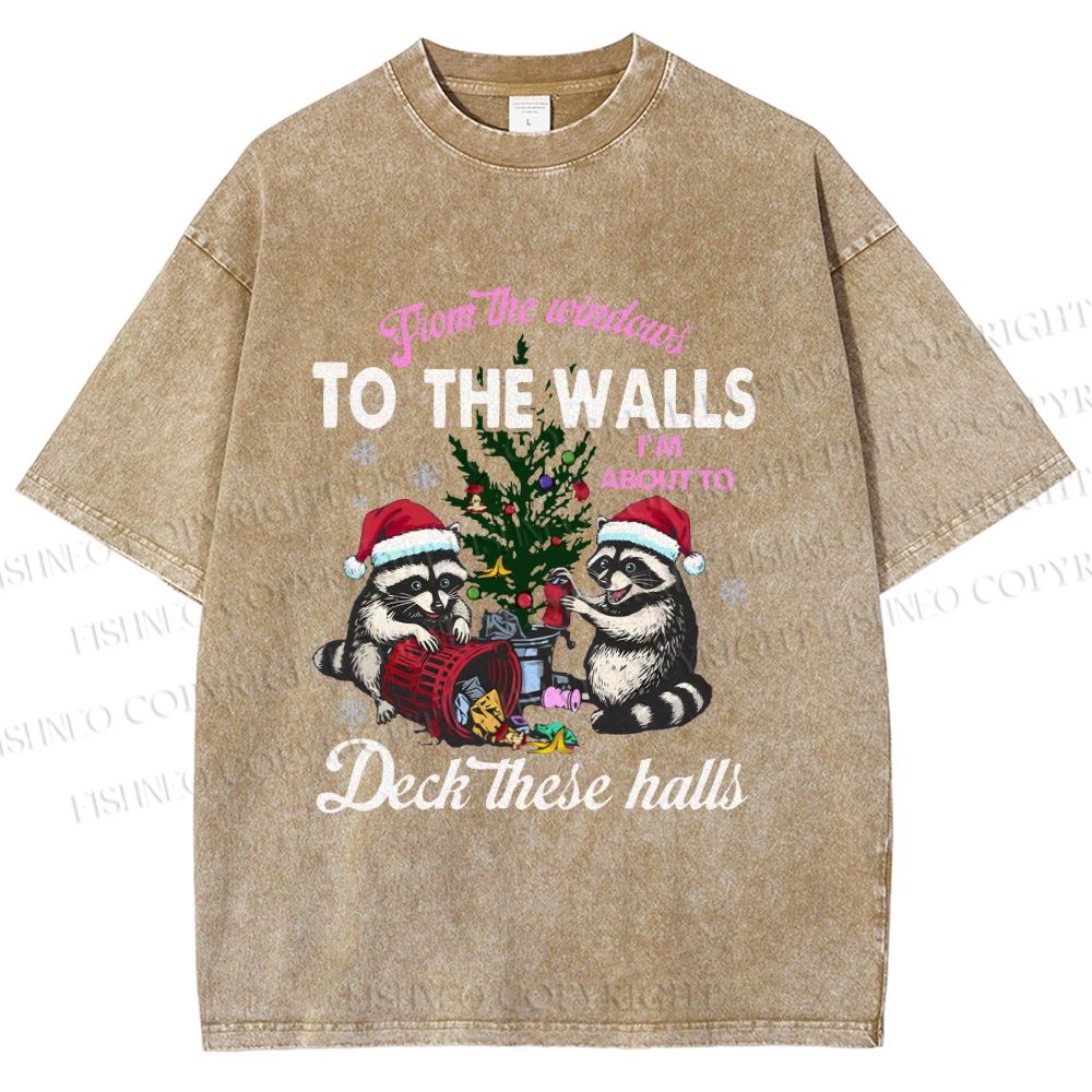 Unisex Raccoons Christmas Printed Washed Tee