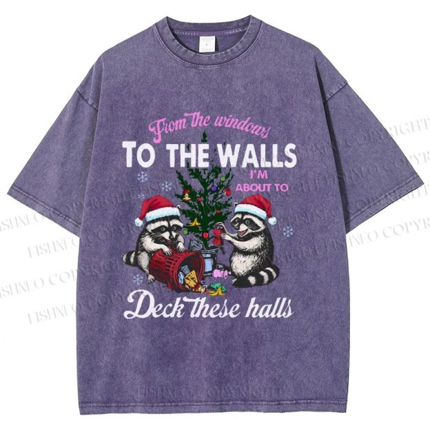 Unisex Raccoons Christmas Printed Washed Tee