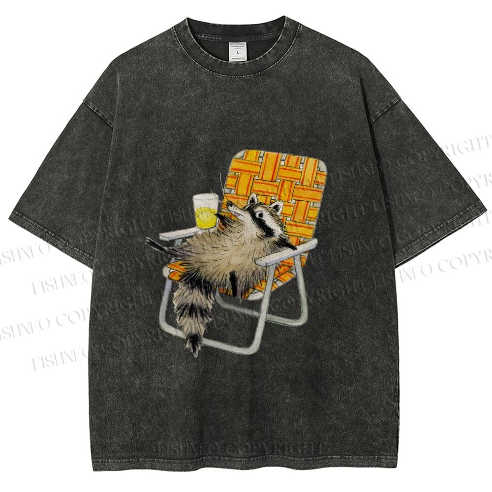 Unisex Raccoon Got Relax Having Drink Printed Washed Tee