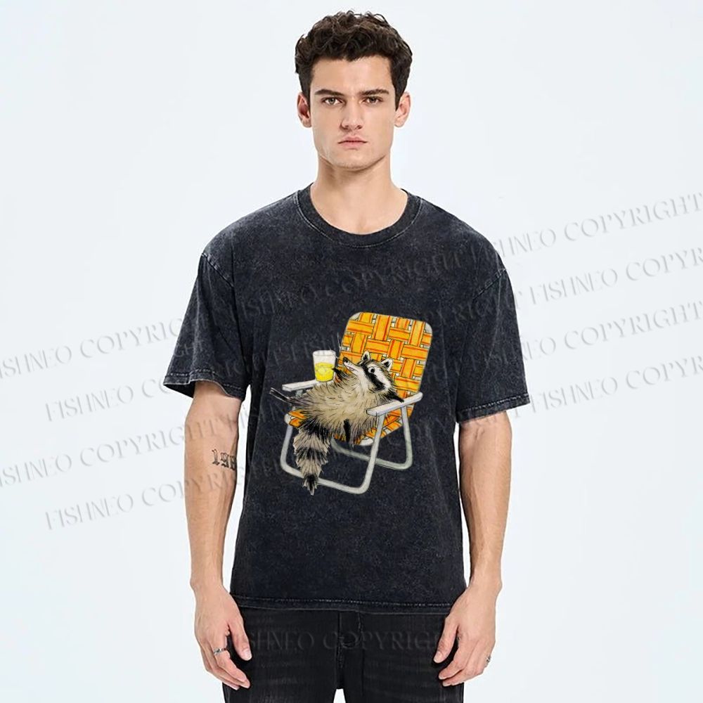 Unisex Raccoon Got Relax Having Drink Printed Washed Tee