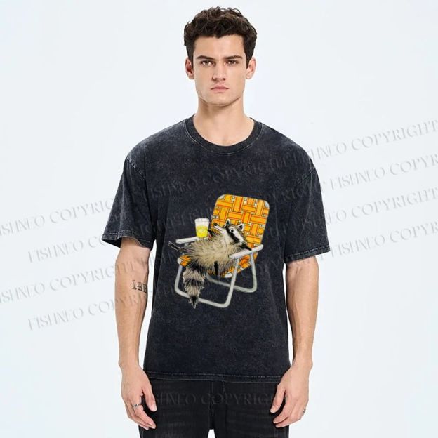 Unisex Raccoon Got Relax Having Drink Printed Washed Tee