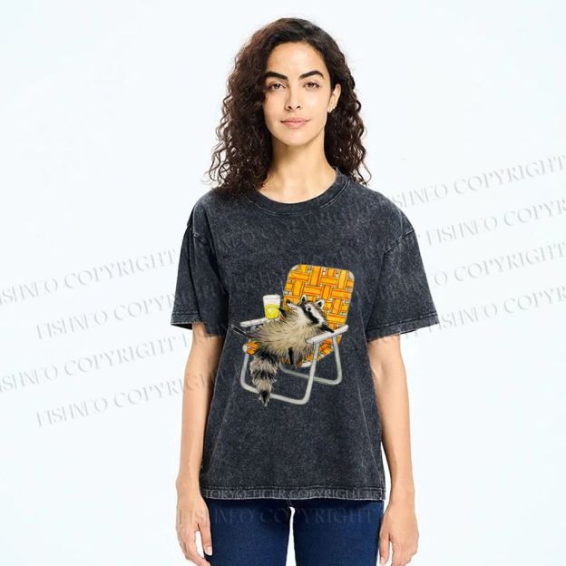 Unisex Raccoon Got Relax Having Drink Printed Washed Tee