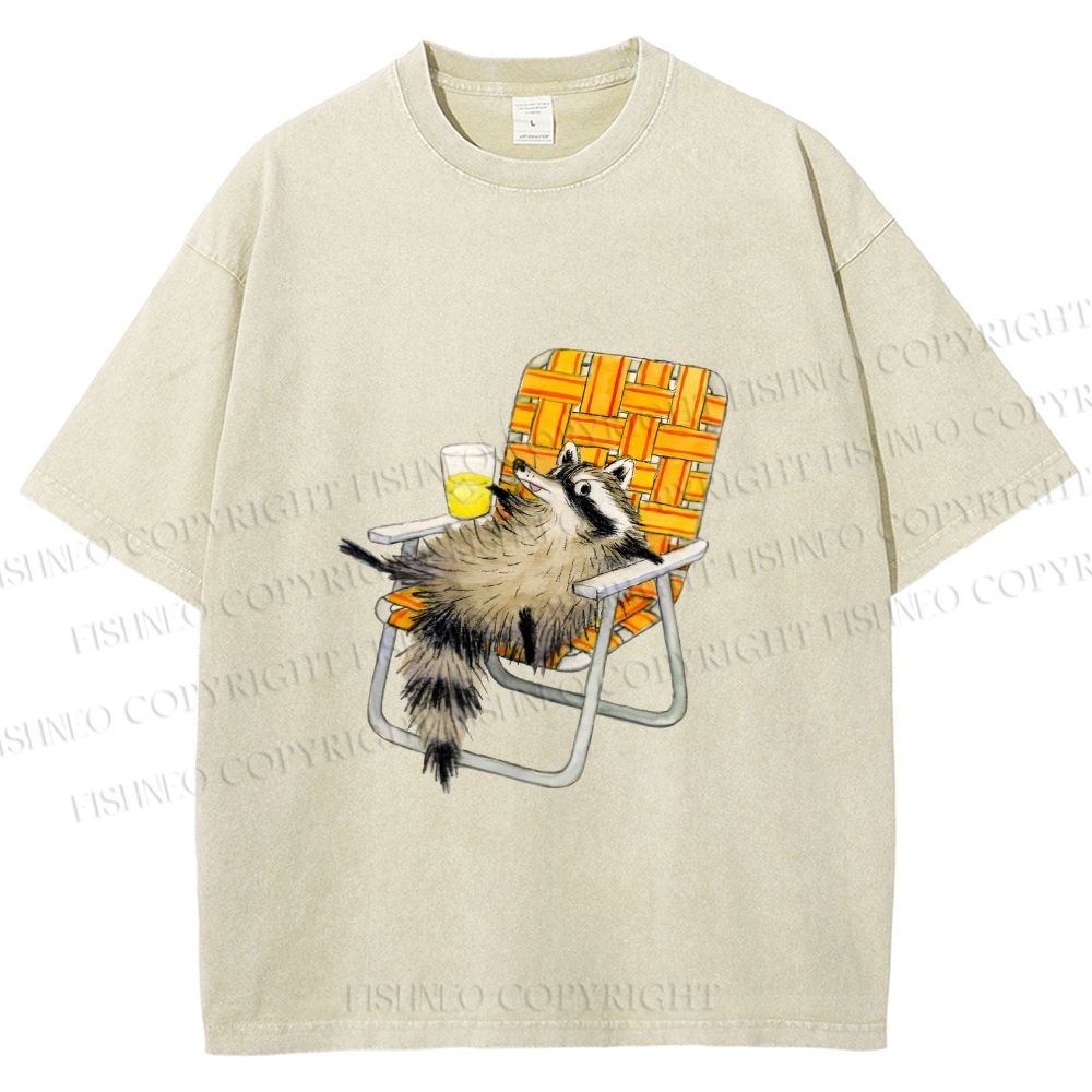 Unisex Raccoon Got Relax Having Drink Printed Washed Tee
