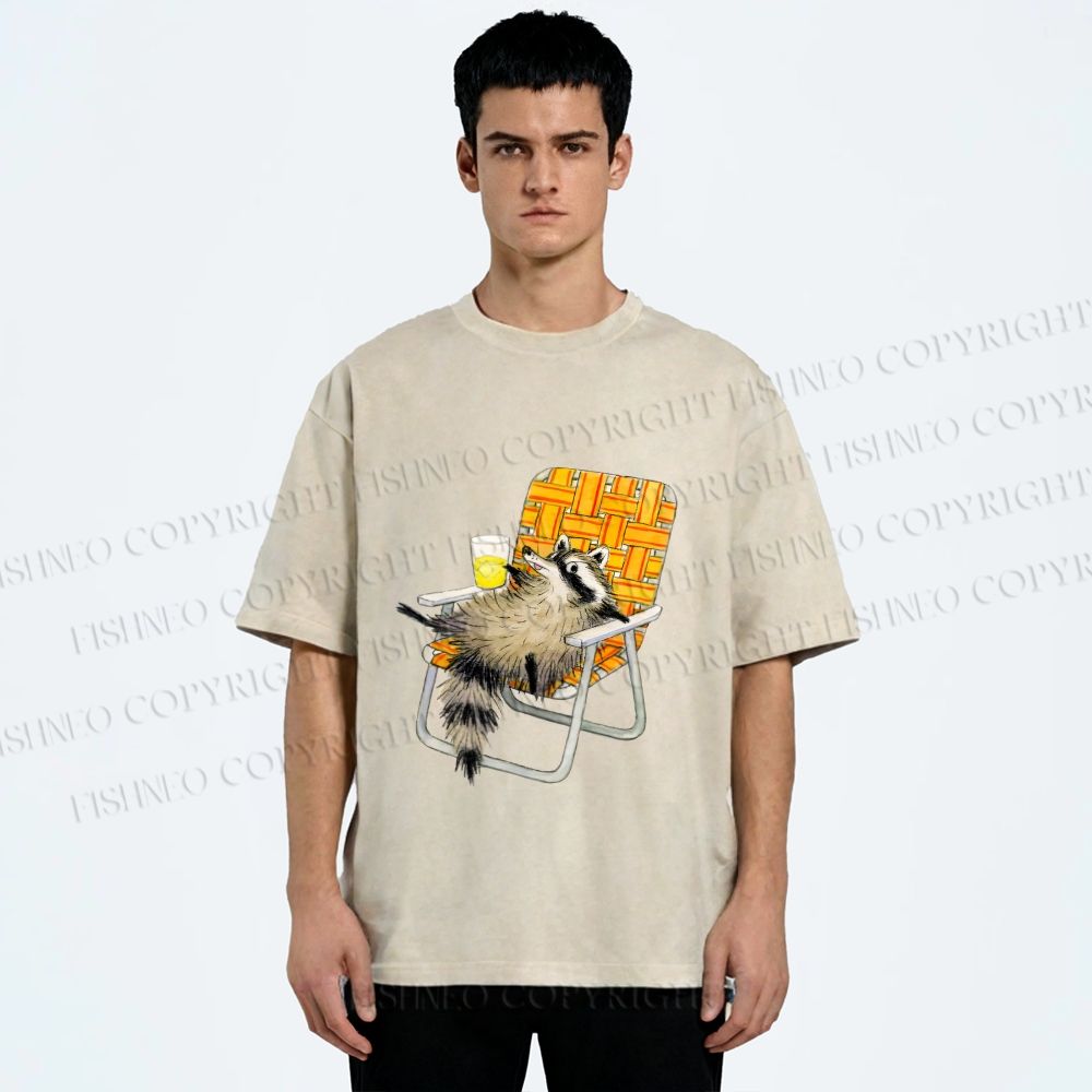 Unisex Raccoon Got Relax Having Drink Printed Washed Tee