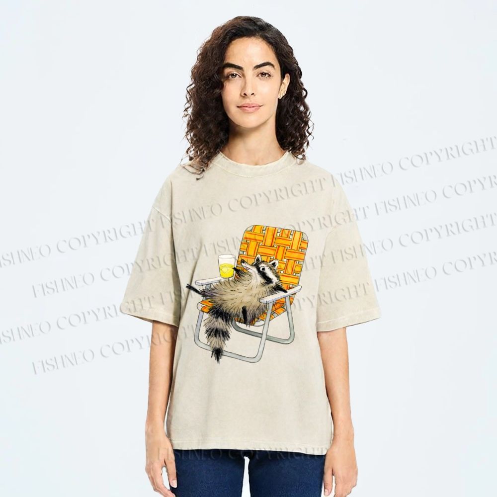 Unisex Raccoon Got Relax Having Drink Printed Washed Tee