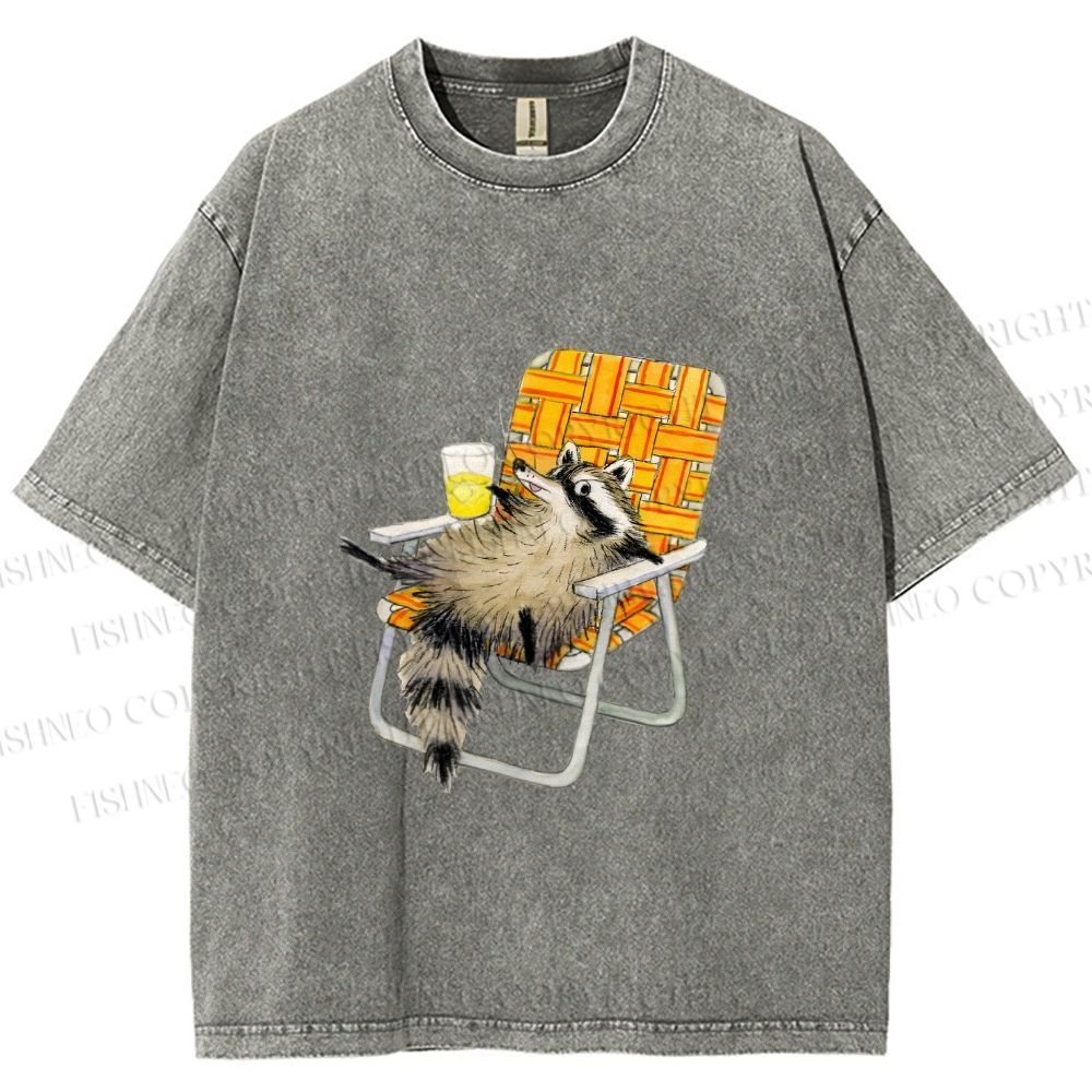 Unisex Raccoon Got Relax Having Drink Printed Washed Tee