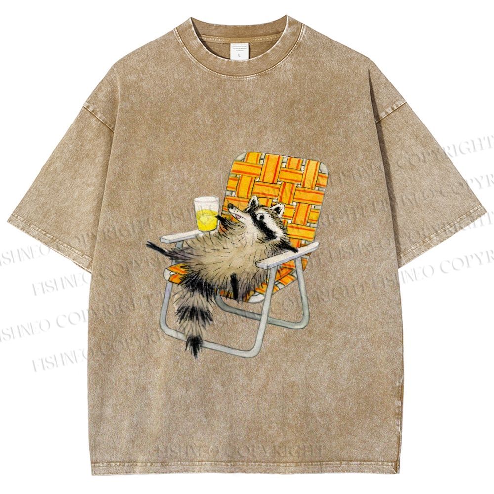 Unisex Raccoon Got Relax Having Drink Printed Washed Tee