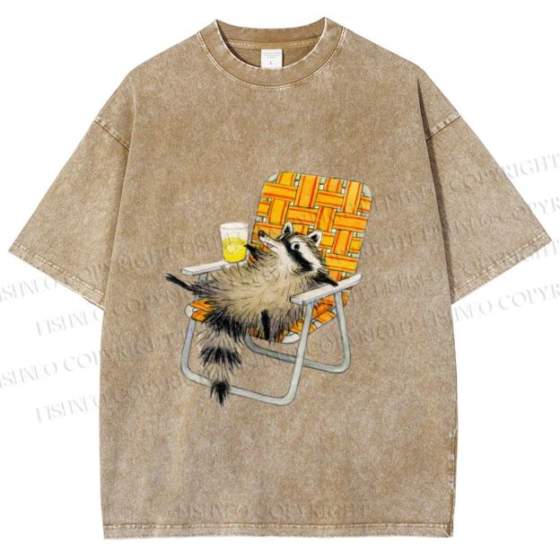 Unisex Raccoon Got Relax Having Drink Printed Washed Tee