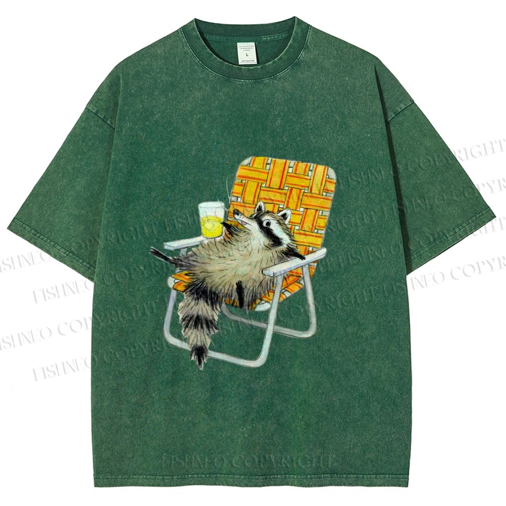 Unisex Raccoon Got Relax Having Drink Printed Washed Tee