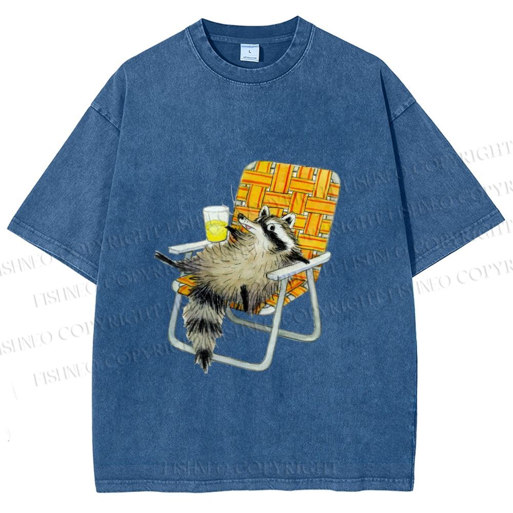 Unisex Raccoon Got Relax Having Drink Printed Washed Tee