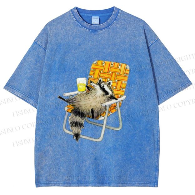 Unisex Raccoon Got Relax Having Drink Printed Washed Tee