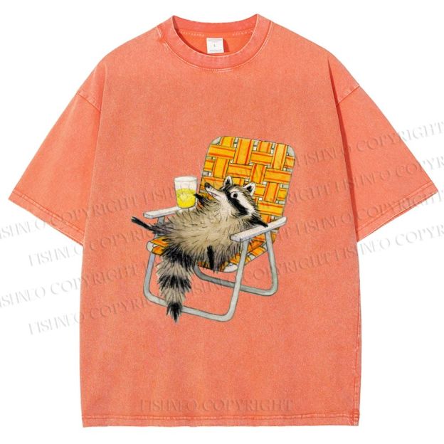 Unisex Raccoon Got Relax Having Drink Printed Washed Tee