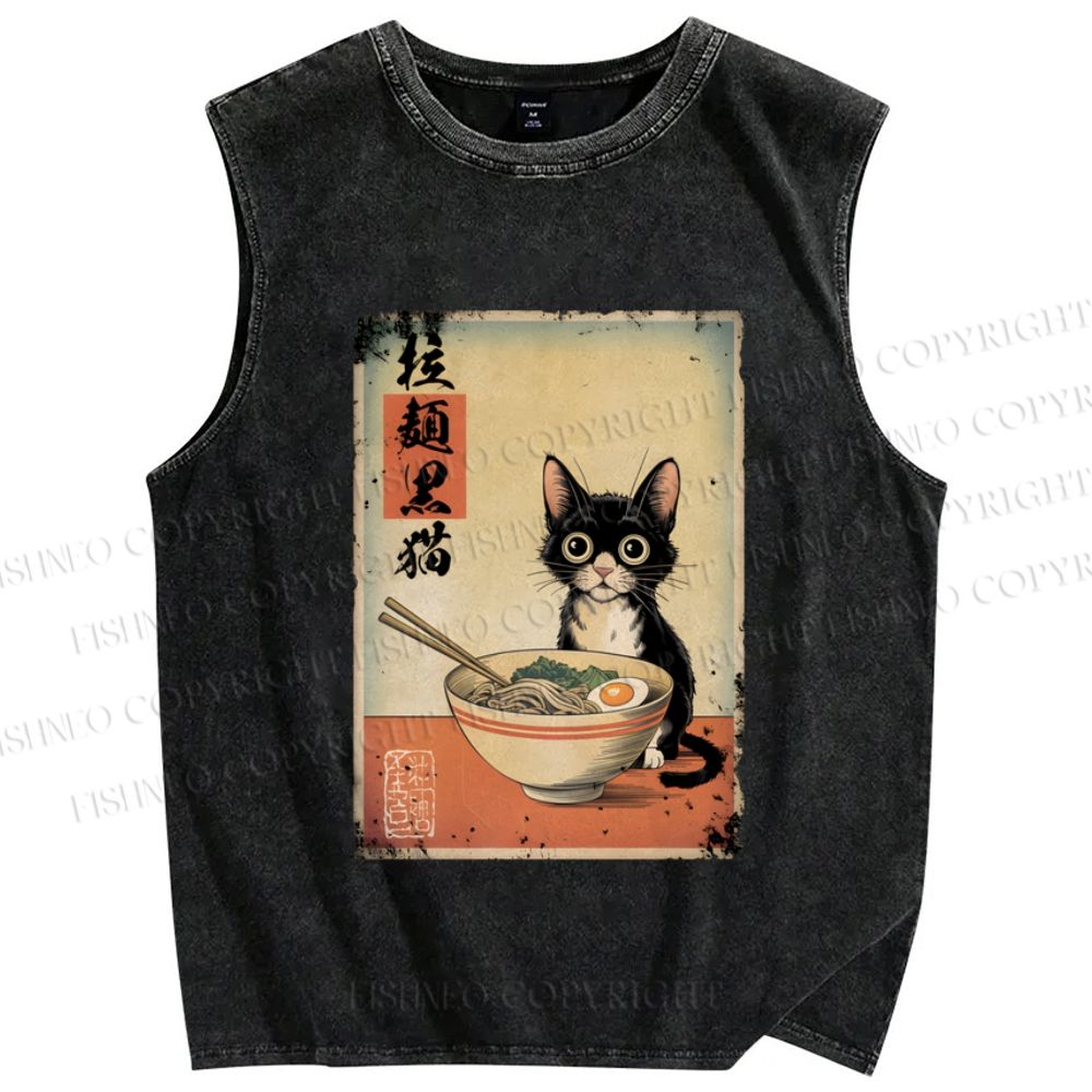 Unisex Ramen Black Cat Printed Washed Tank Top