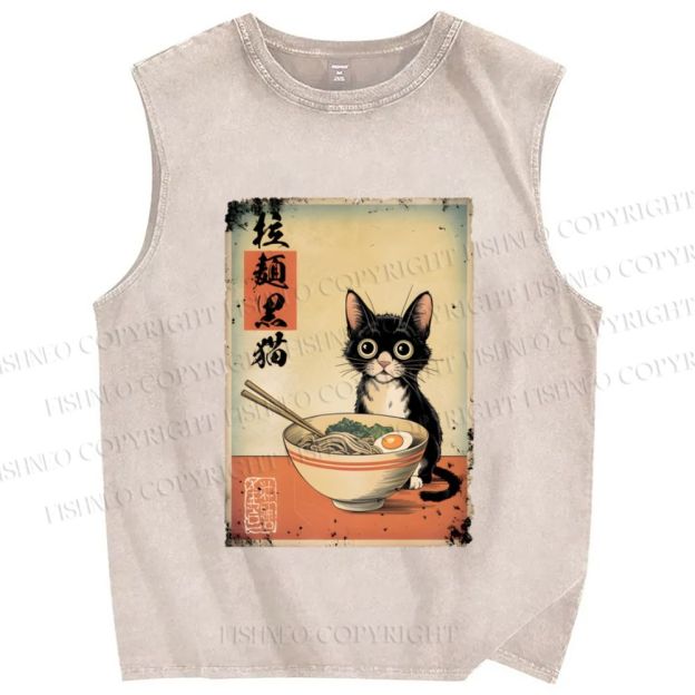 Unisex Ramen Black Cat Printed Washed Tank Top
