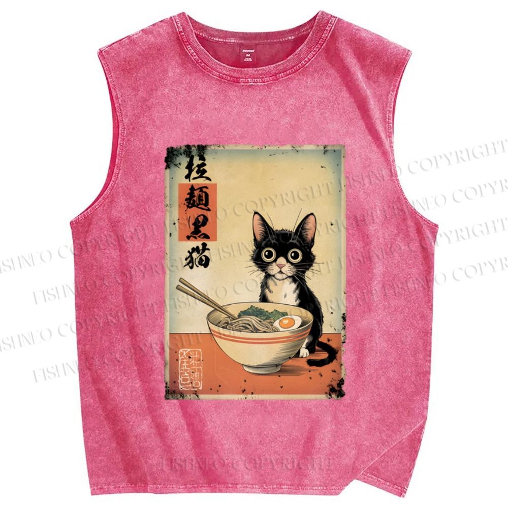Unisex Ramen Black Cat Printed Washed Tank Top