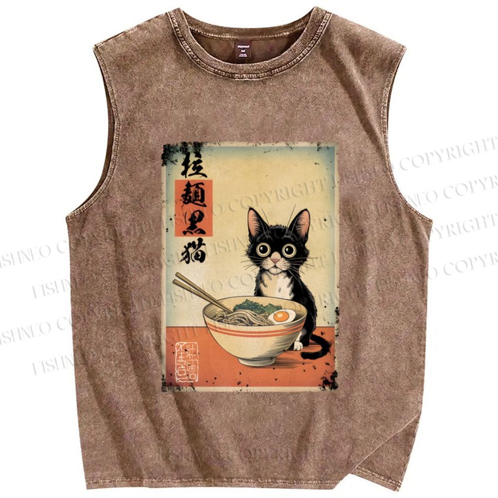 Unisex Ramen Black Cat Printed Washed Tank Top