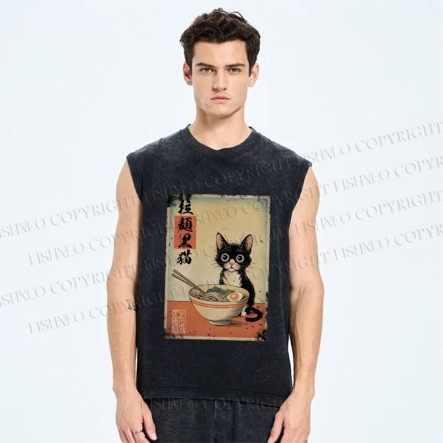 Unisex Ramen Black Cat Printed Washed Tank Top