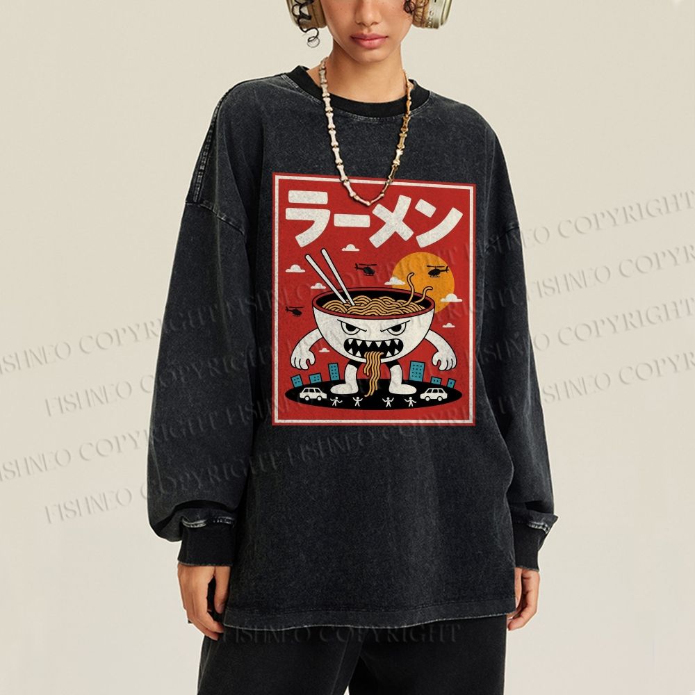 Unisex Casual Washed Ramen Printed Long Sleeve T-shirt