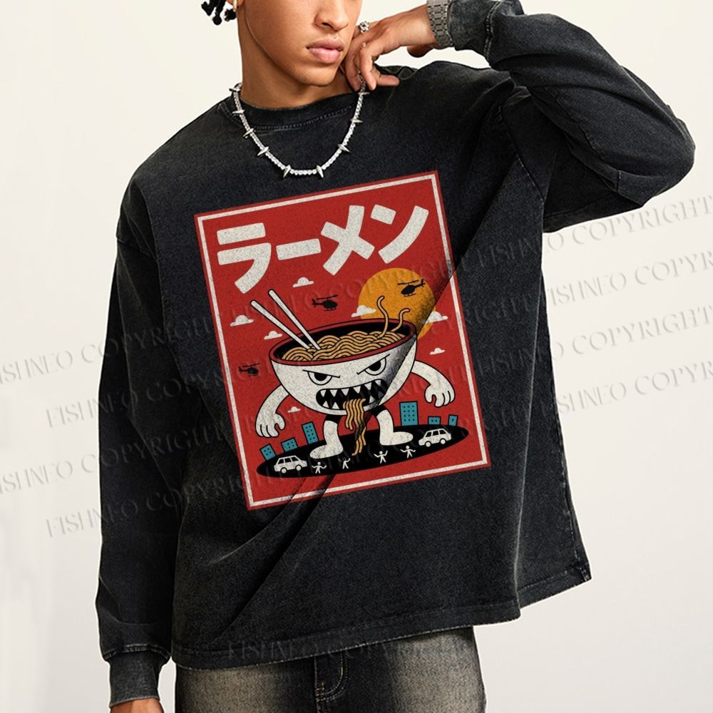 Unisex Casual Washed Ramen Printed Long Sleeve T-shirt