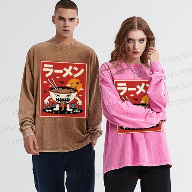 Unisex Casual Washed Ramen Printed Long Sleeve T-shirt
