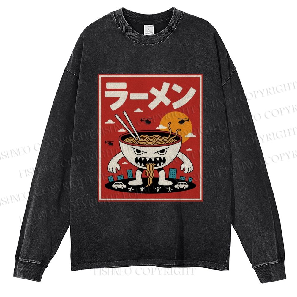 Unisex Casual Washed Ramen Printed Long Sleeve T-shirt