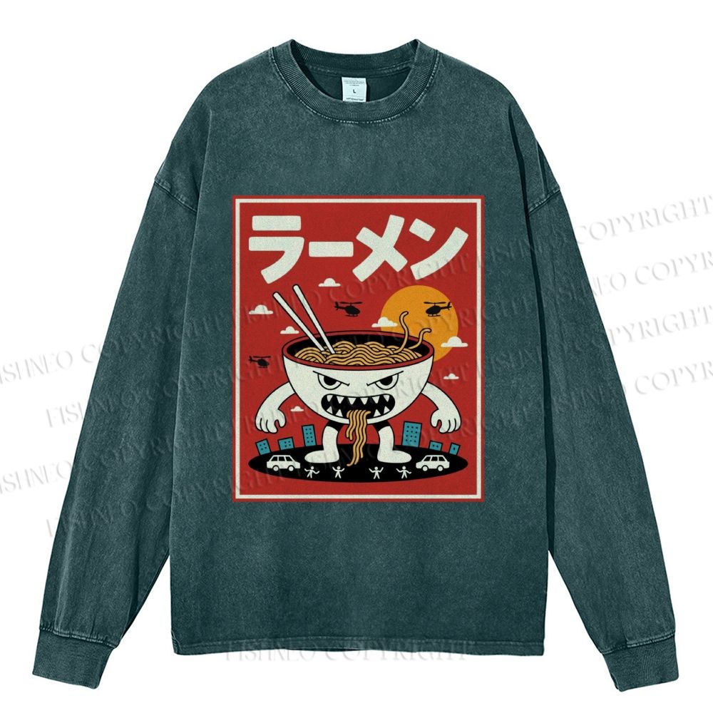 Unisex Casual Washed Ramen Printed Long Sleeve T-shirt