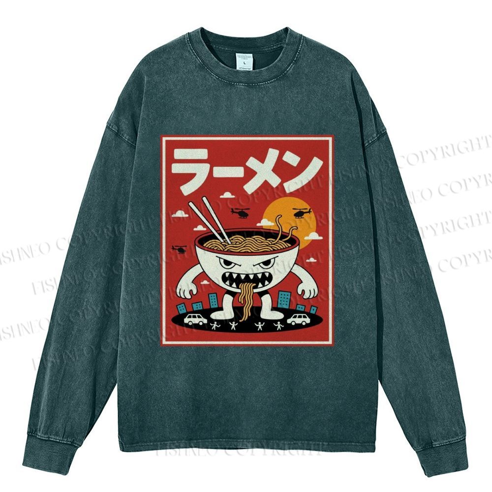 Unisex Casual Washed Ramen Printed Long Sleeve T-shirt