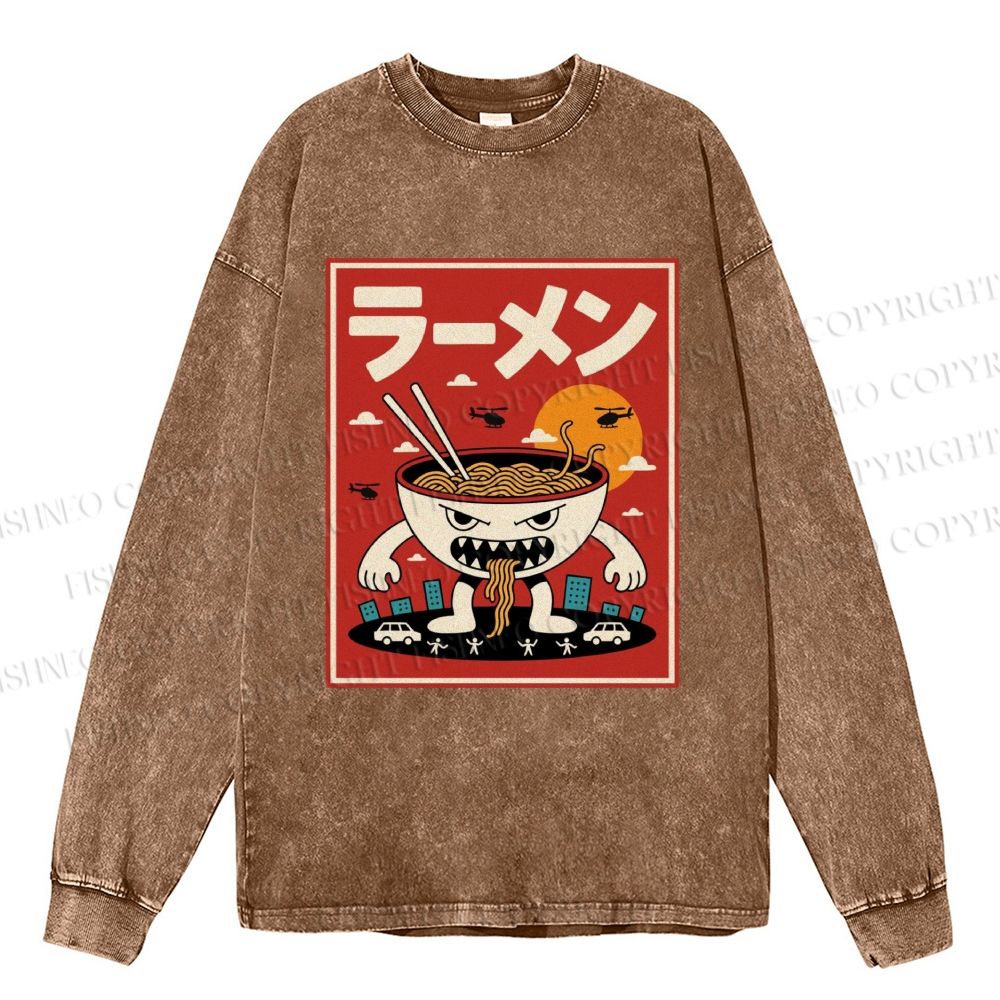 Unisex Casual Washed Ramen Printed Long Sleeve T-shirt