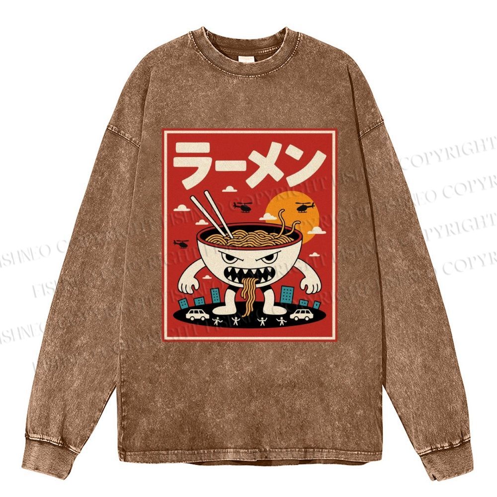 Unisex Casual Washed Ramen Printed Long Sleeve T-shirt