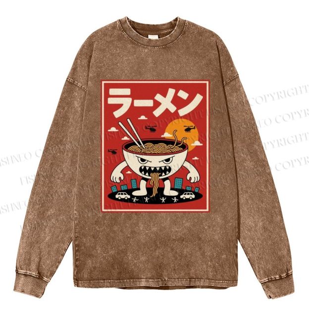Unisex Casual Washed Ramen Printed Long Sleeve T-shirt