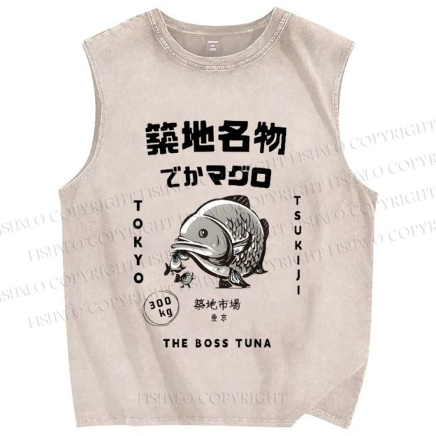 Unisex Tsukiji Market Tuna Fish Tokyo Japanese Printed Washed Tank Top