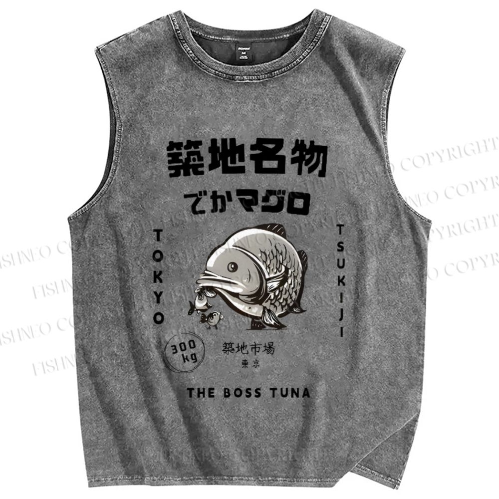 Unisex Tsukiji Market Tuna Fish Tokyo Japanese Printed Washed Tank Top