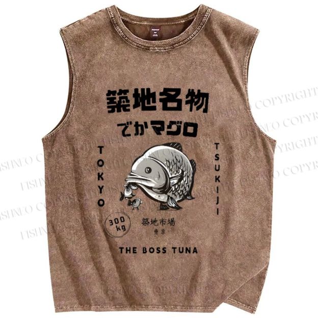 Unisex Tsukiji Market Tuna Fish Tokyo Japanese Printed Washed Tank Top
