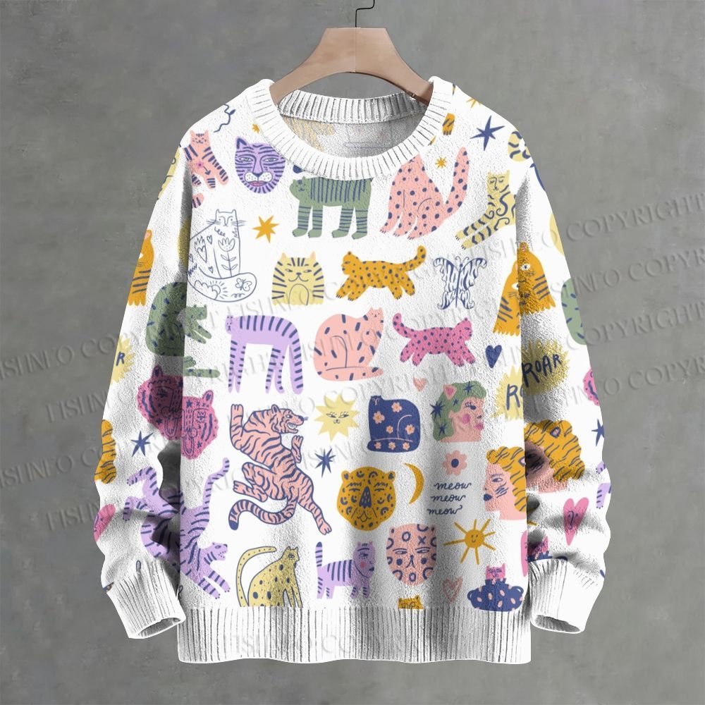 Colorful Cartoon Cat Printed Crew Neck Sweater