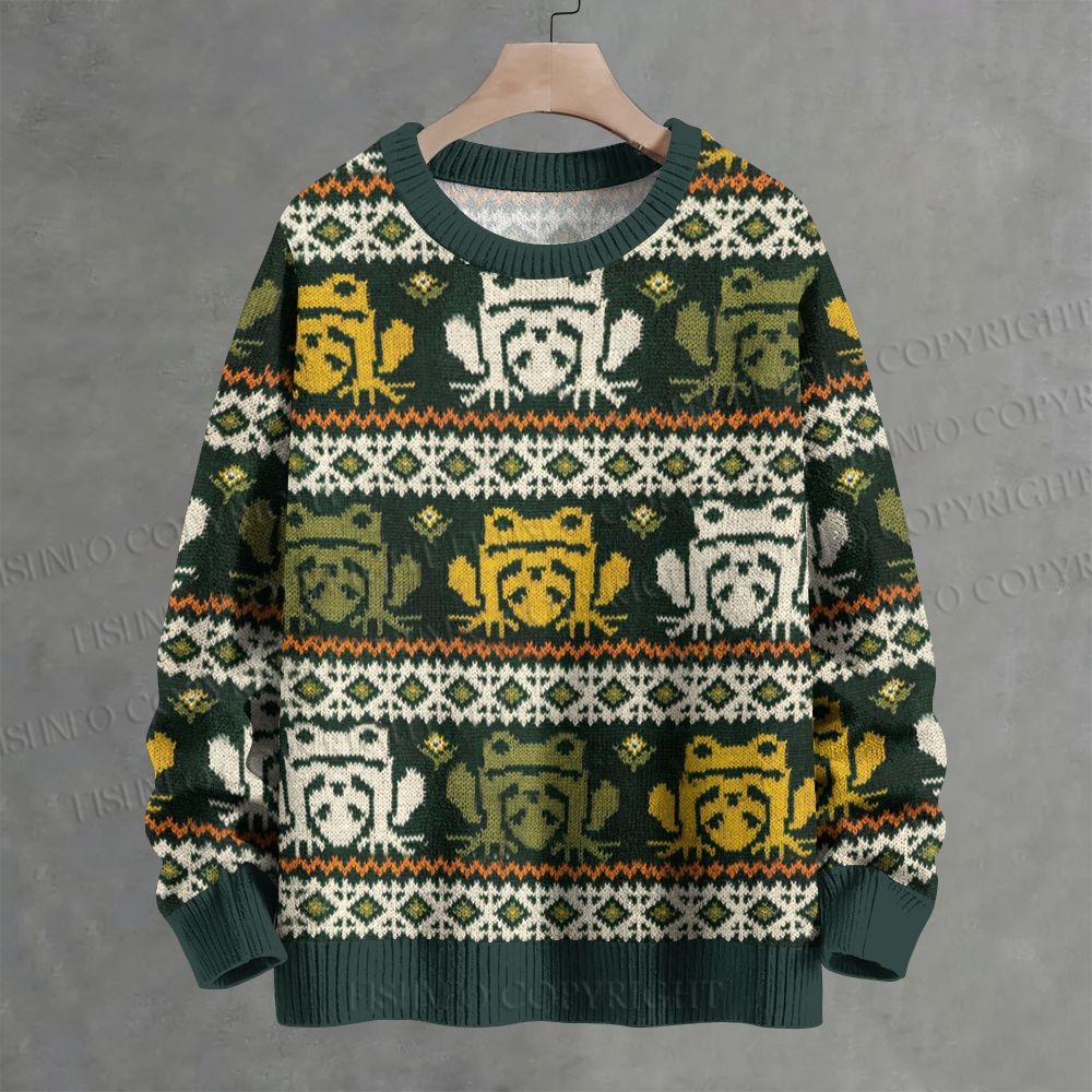 Puzzled Frog Print Casual Crew Neck Sweater