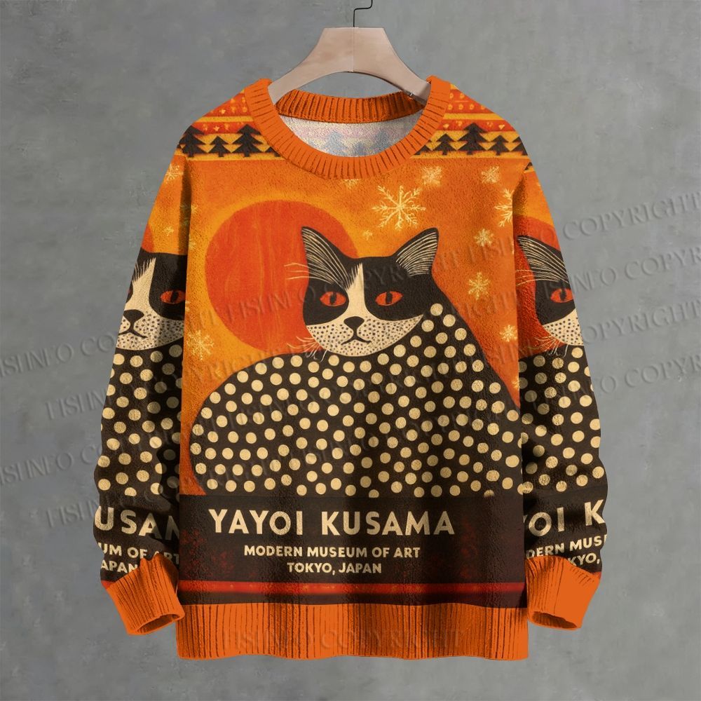 Yayoi Kusama Cat Printed Casual Crew Neck Sweater