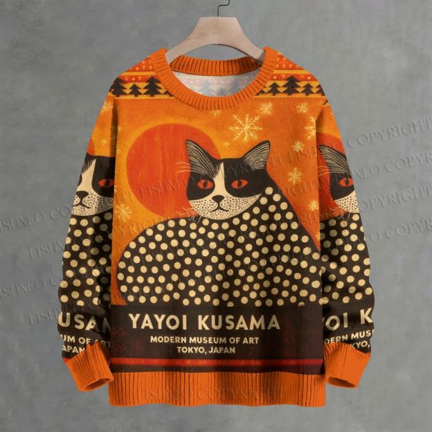 Yayoi Kusama Cat Printed Casual Crew Neck Sweater