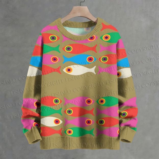 Colorful Geometric Fish Printed Casual Crew Neck Sweater