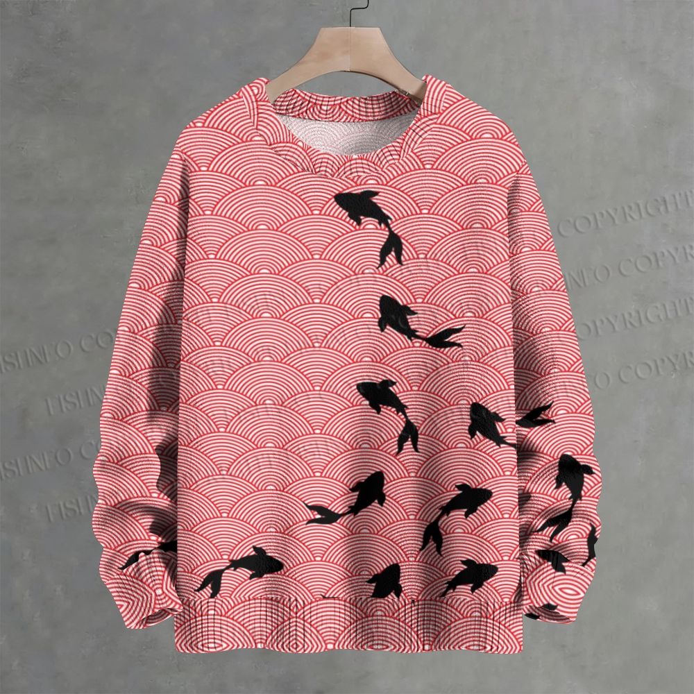 Japanese Vintage Wave Koi Printed Casual Crew Neck Sweater