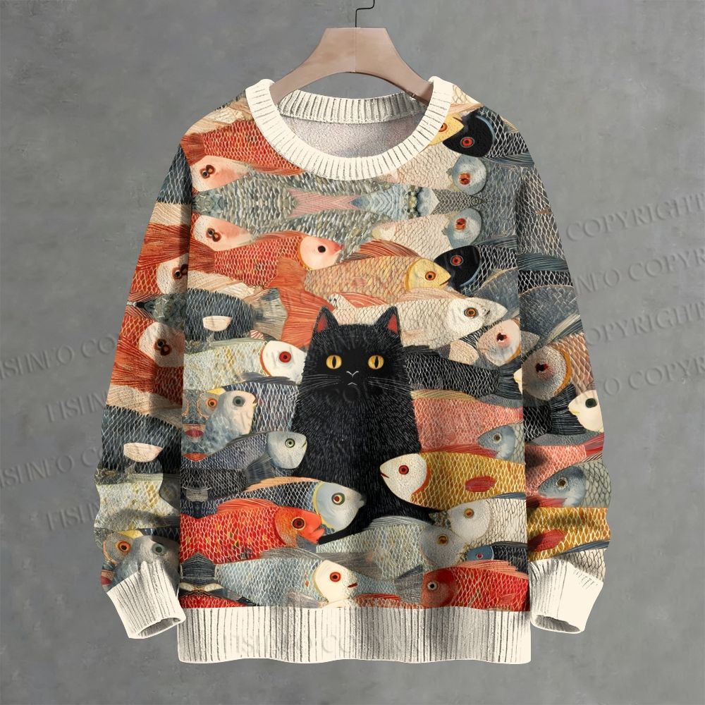 Vintage Japanese Black Cat Koi Fish Crew Neck Sweater