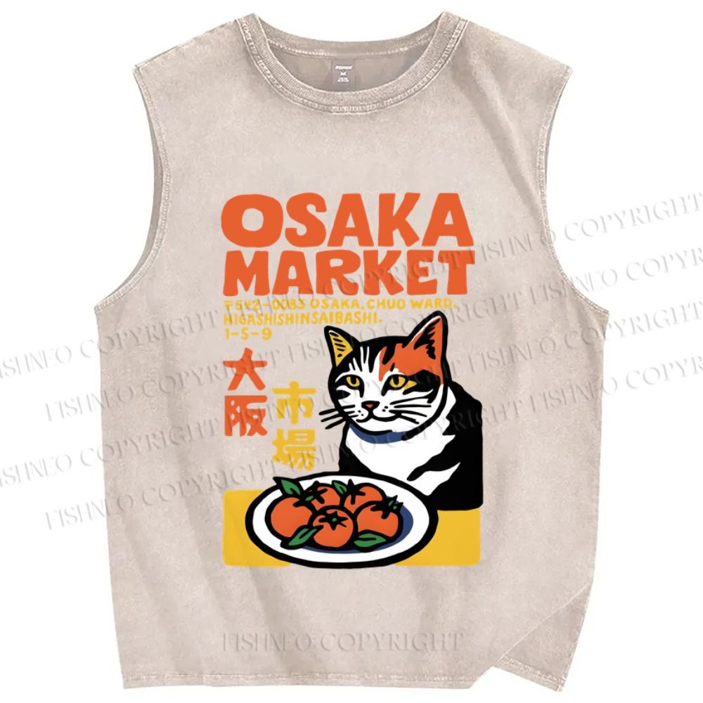 Unisex Japanese Osaka Market Cat Printed Washed Tank Top