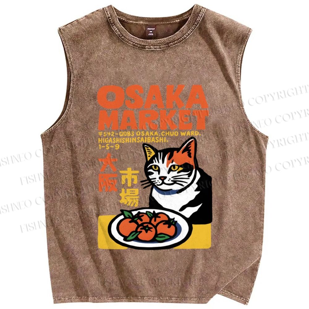 Unisex Japanese Osaka Market Cat Printed Washed Tank Top