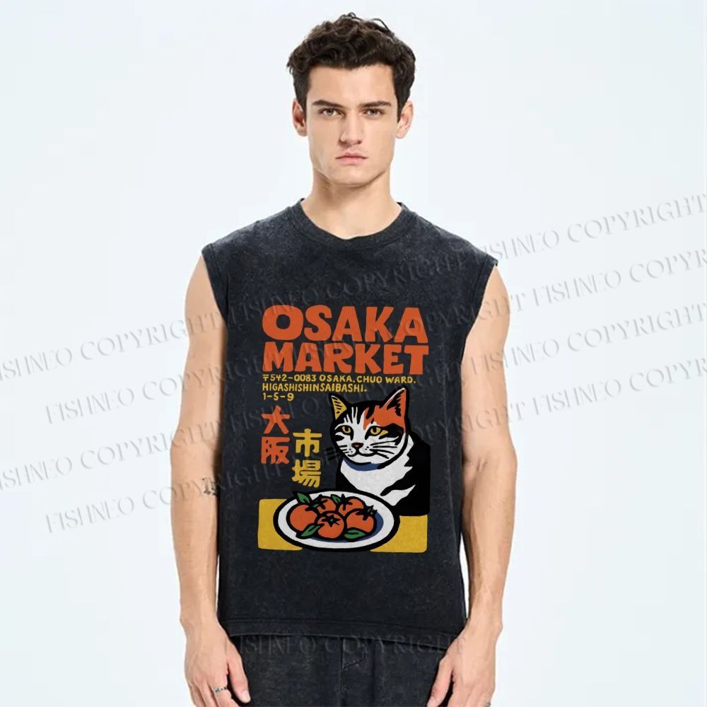 Unisex Japanese Osaka Market Cat Printed Washed Tank Top