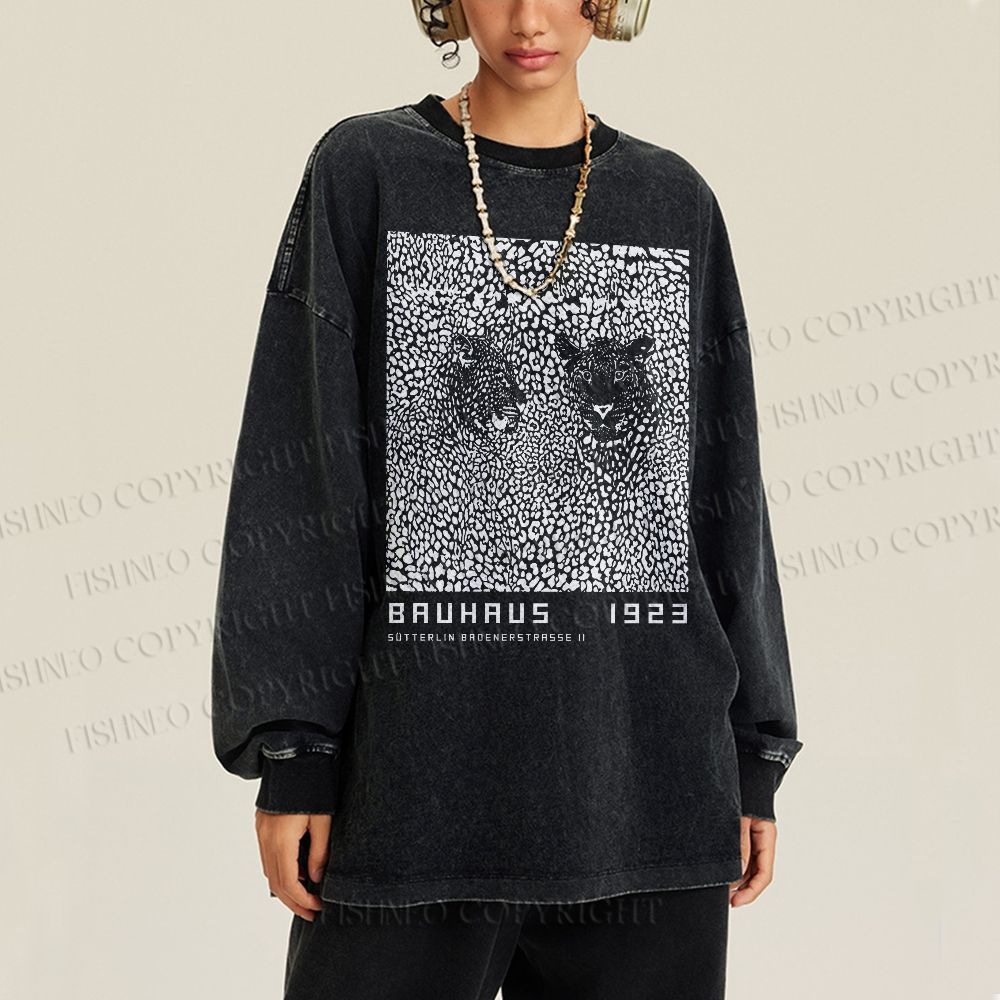 Unisex Casual Washed Bauhaus Style Leopard Printed Long Sleeve T-shirt