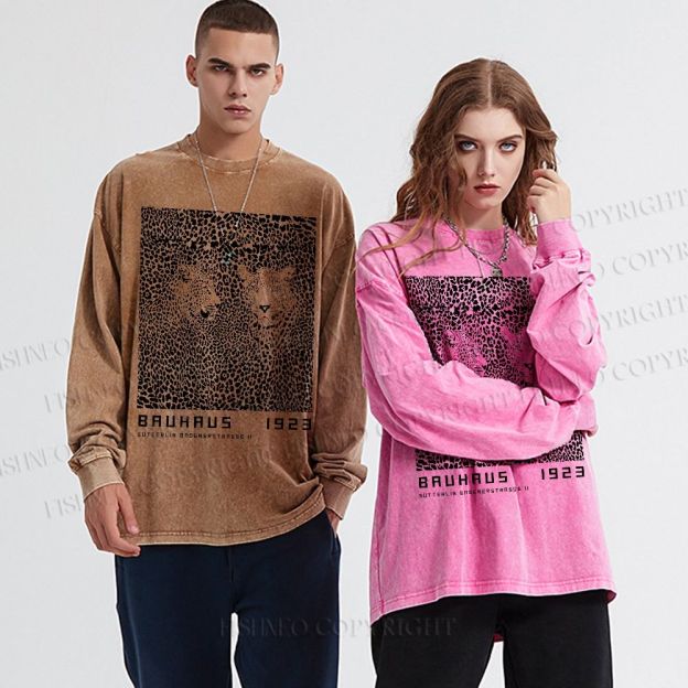 Unisex Casual Washed Bauhaus Style Leopard Printed Long Sleeve T-shirt
