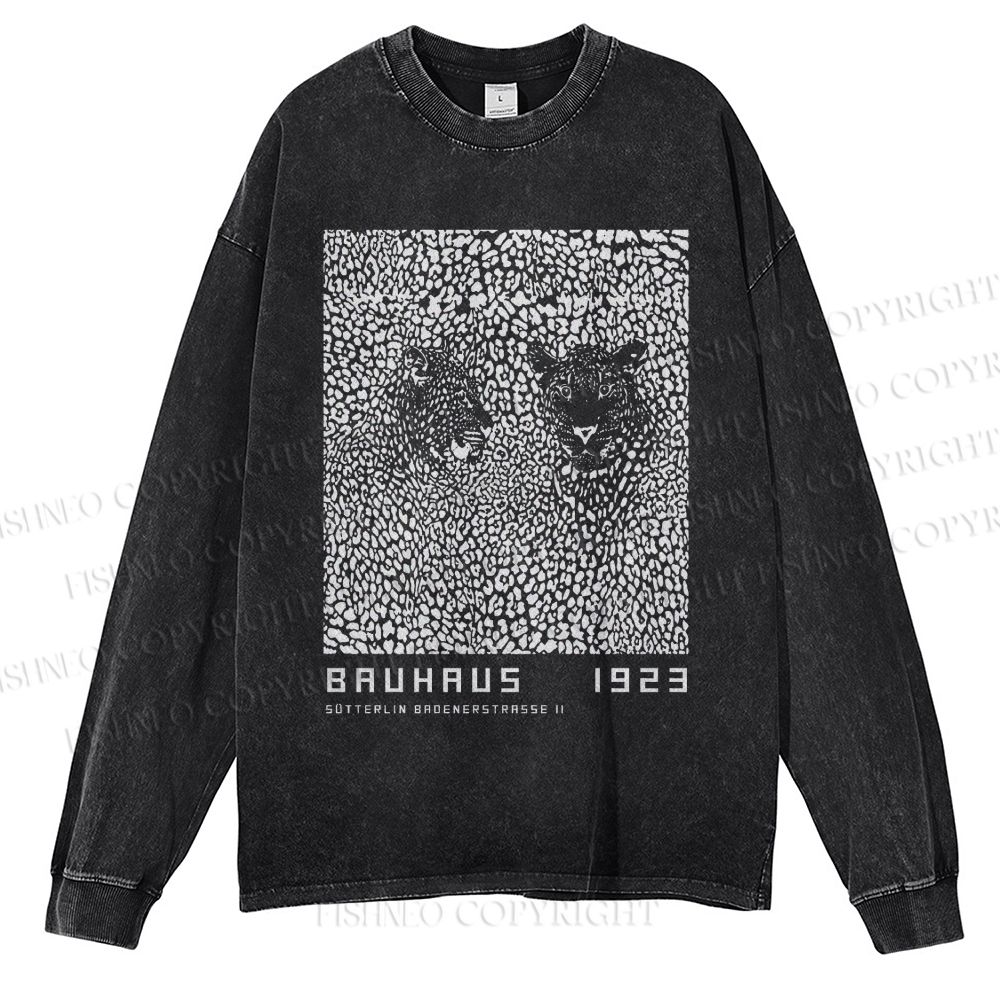 Unisex Casual Washed Bauhaus Style Leopard Printed Long Sleeve T-shirt