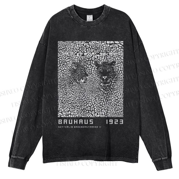 Unisex Casual Washed Bauhaus Style Leopard Printed Long Sleeve T-shirt