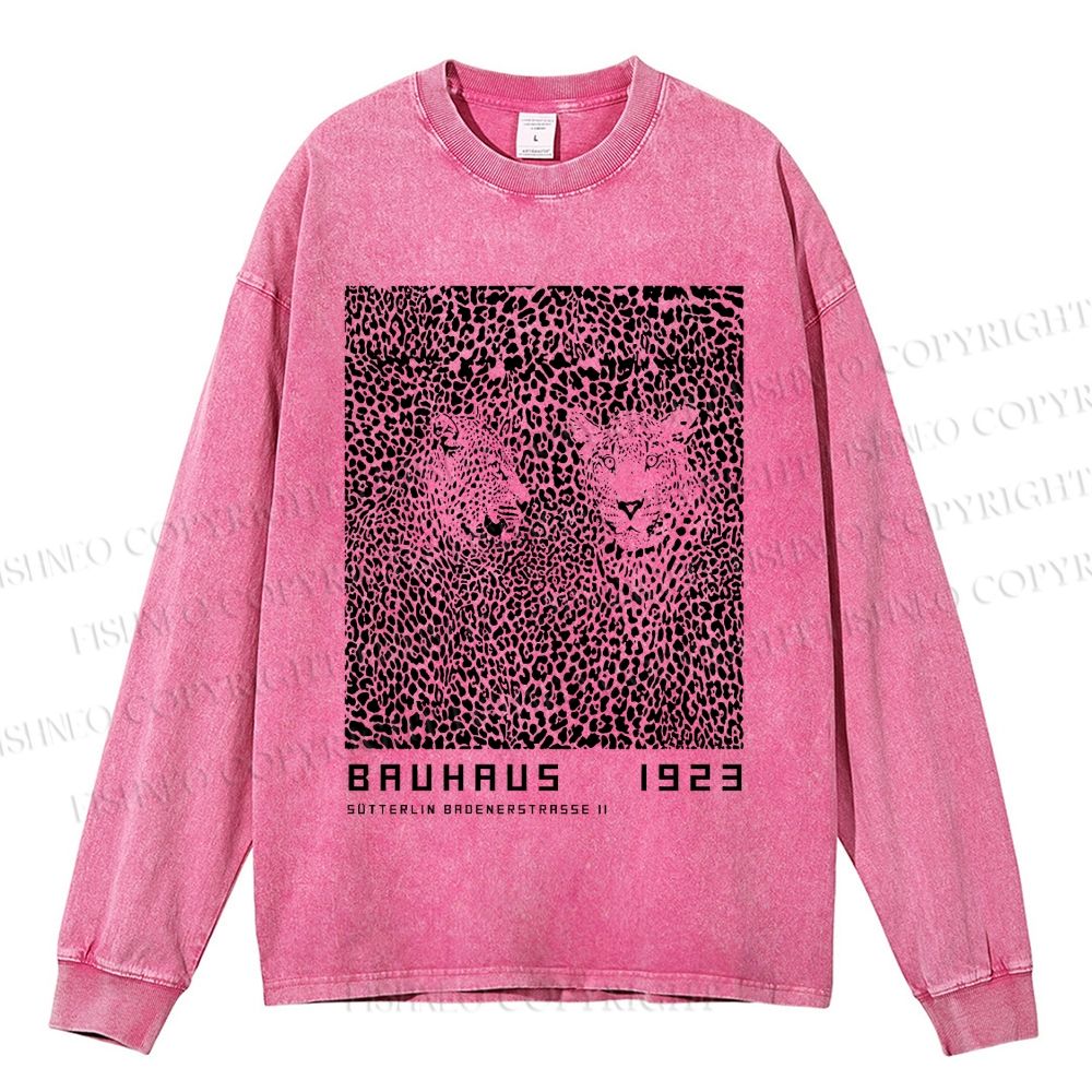 Unisex Casual Washed Bauhaus Style Leopard Printed Long Sleeve T-shirt