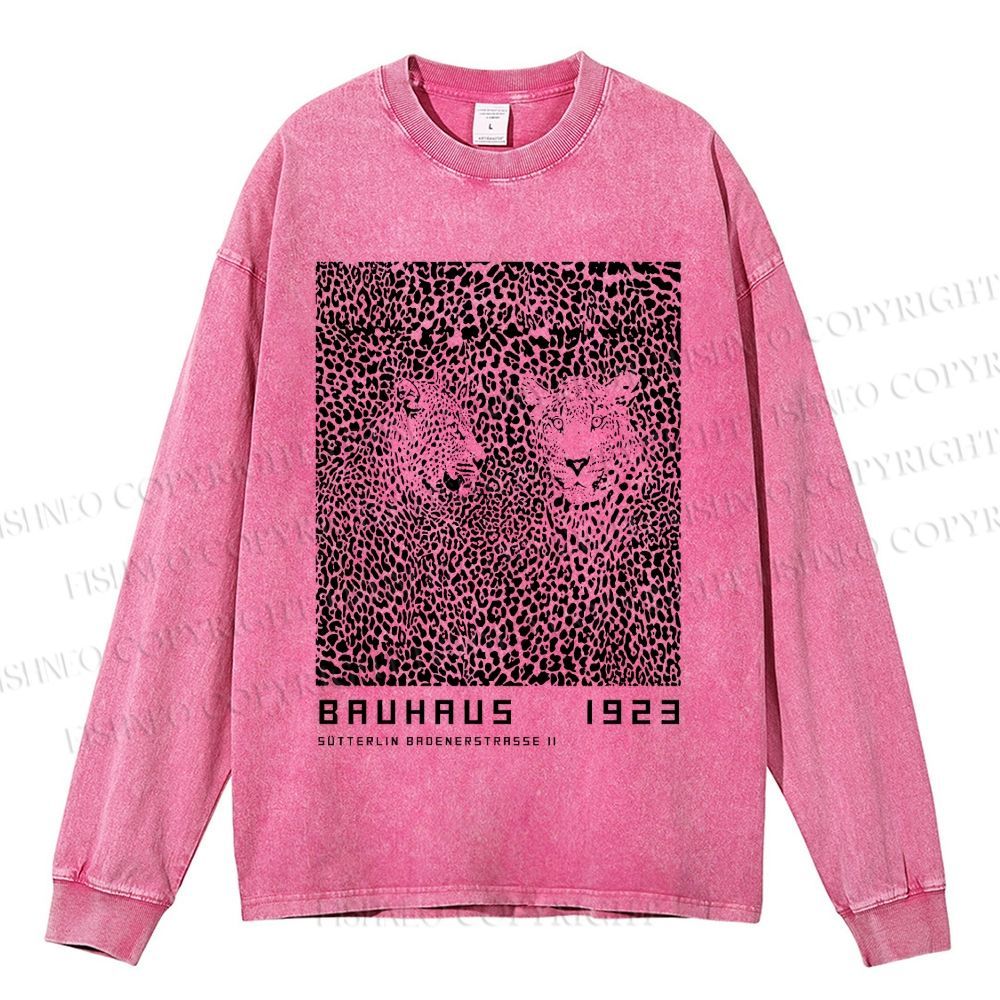 Unisex Casual Washed Bauhaus Style Leopard Printed Long Sleeve T-shirt